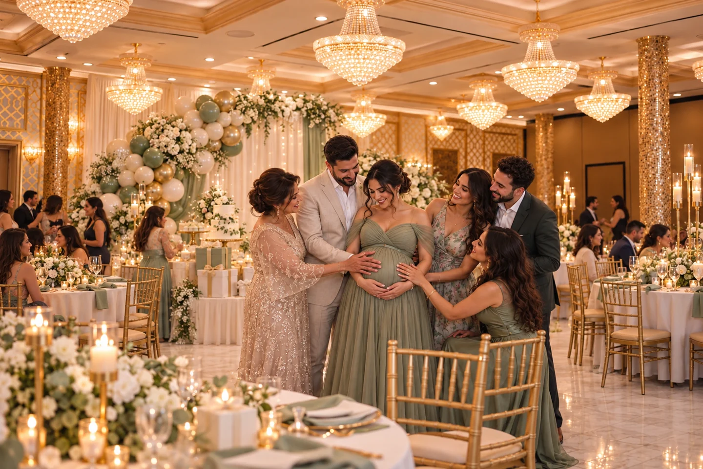 Baby shower inspiration with an expectant mother, family and guests in a sage and ivory ballroom setting