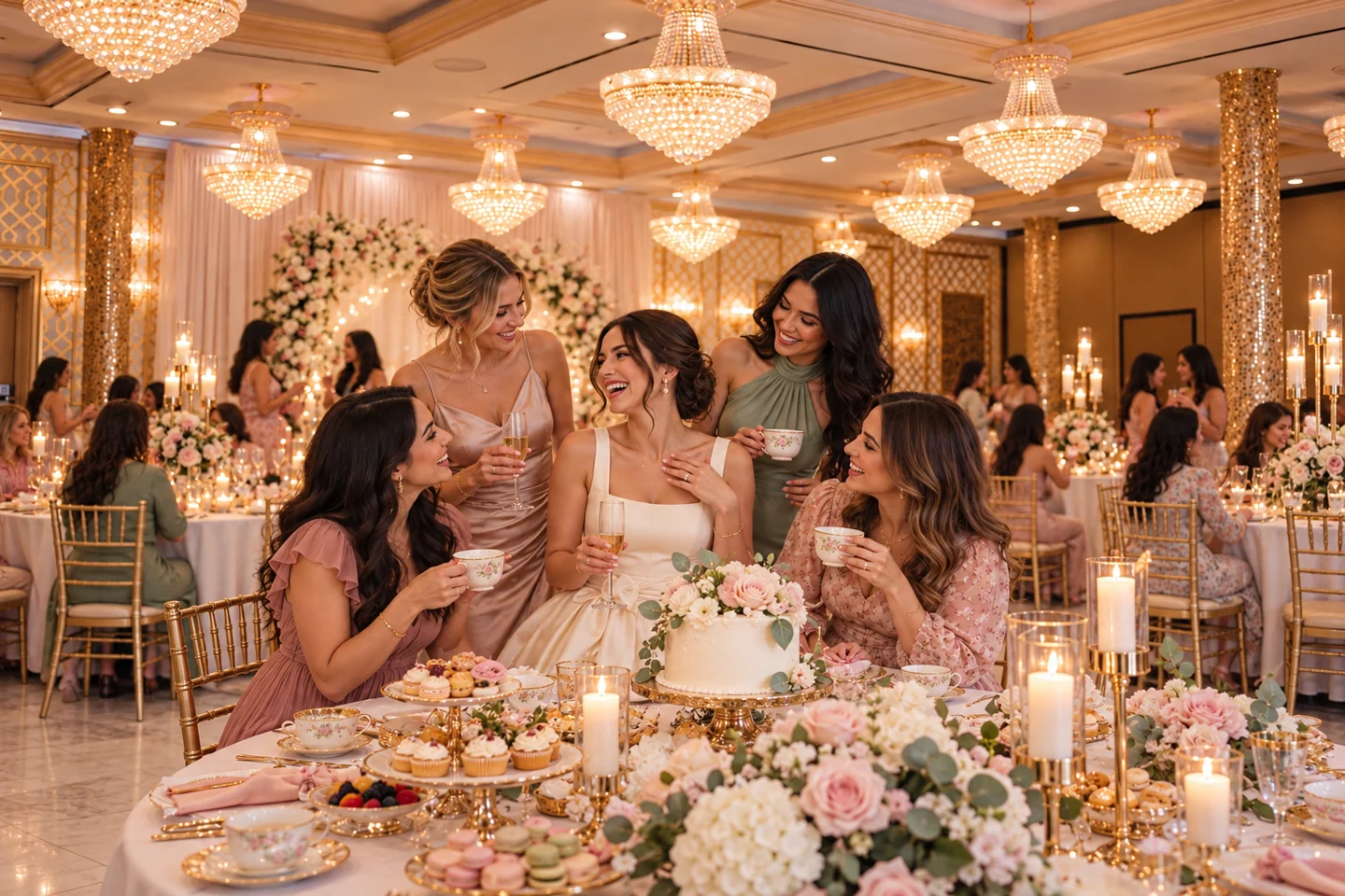 Bridal shower inspiration with a bride-to-be and friends around an elegant dessert table