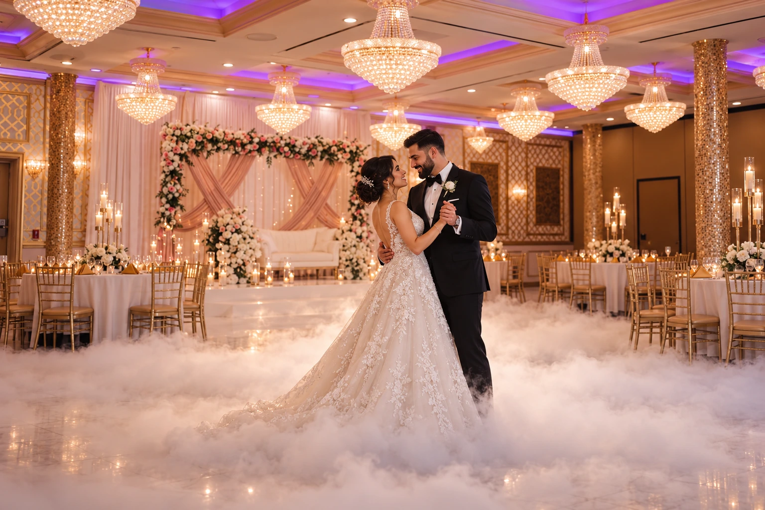 bride and groom first-dance inspiration with low fog, based on Pearl’s ballroom