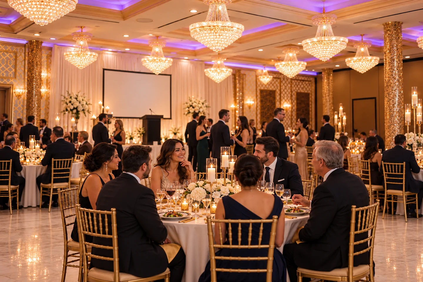 Gala and meeting setup inspiration with guests dining and networking beneath crystal chandeliers