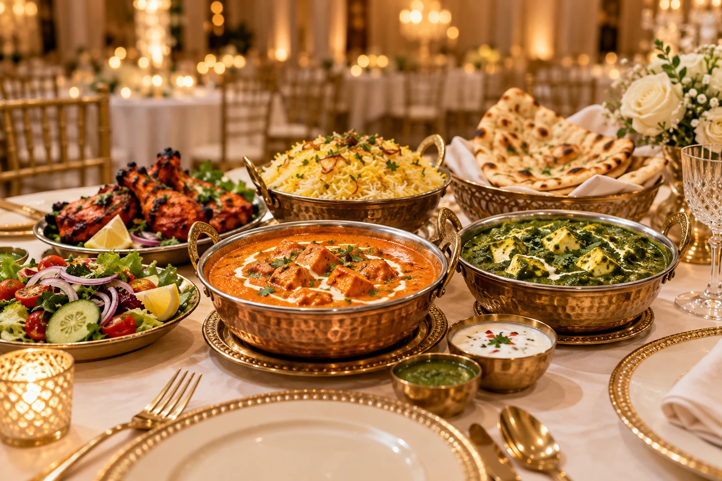 Banquet menu inspiration with Indian dishes, naan and rice in gold serving bowls