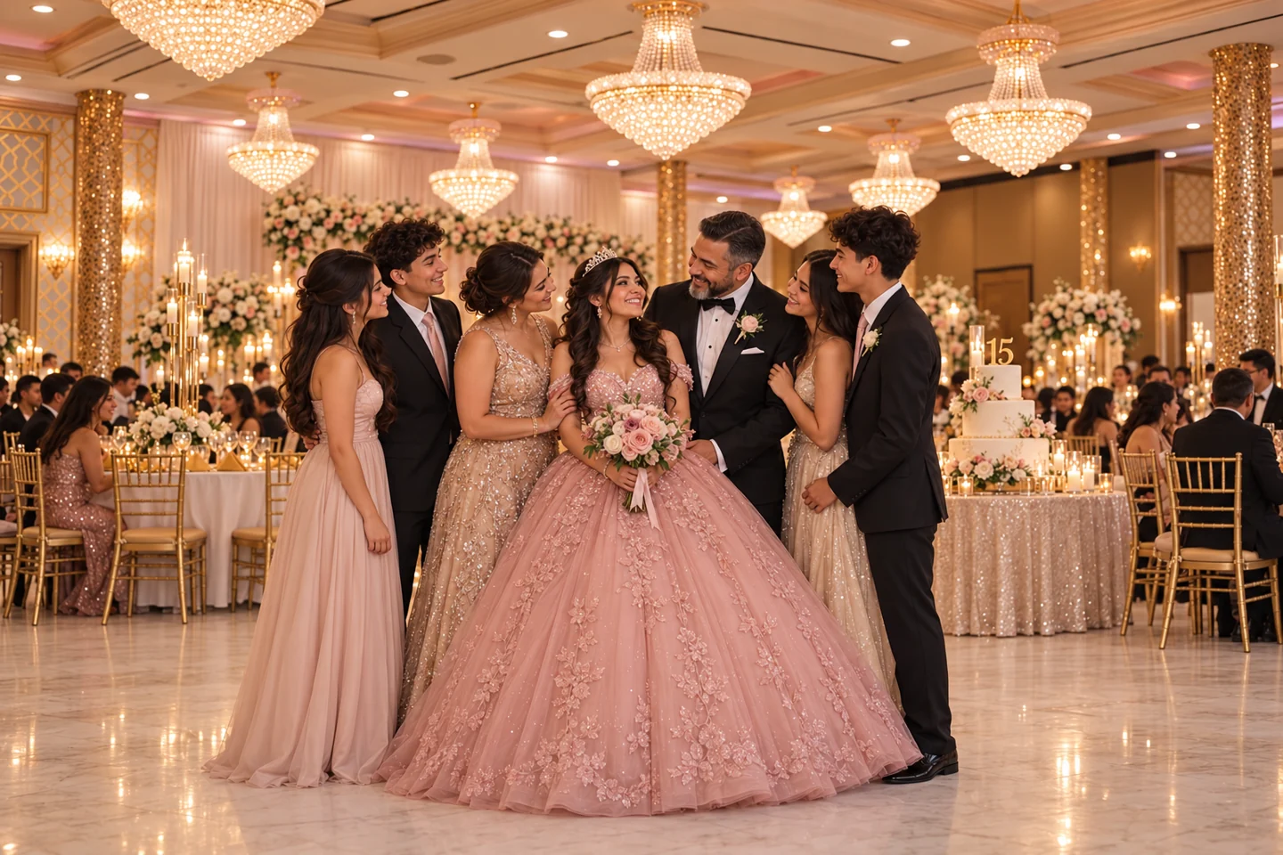 Quinceañera celebration inspiration with the celebrant, family and guests in a gold and ivory ballroom
