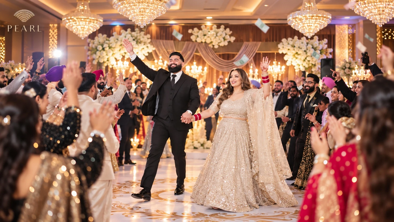 Bride and groom celebrating with guests in Pearl’s ballroom